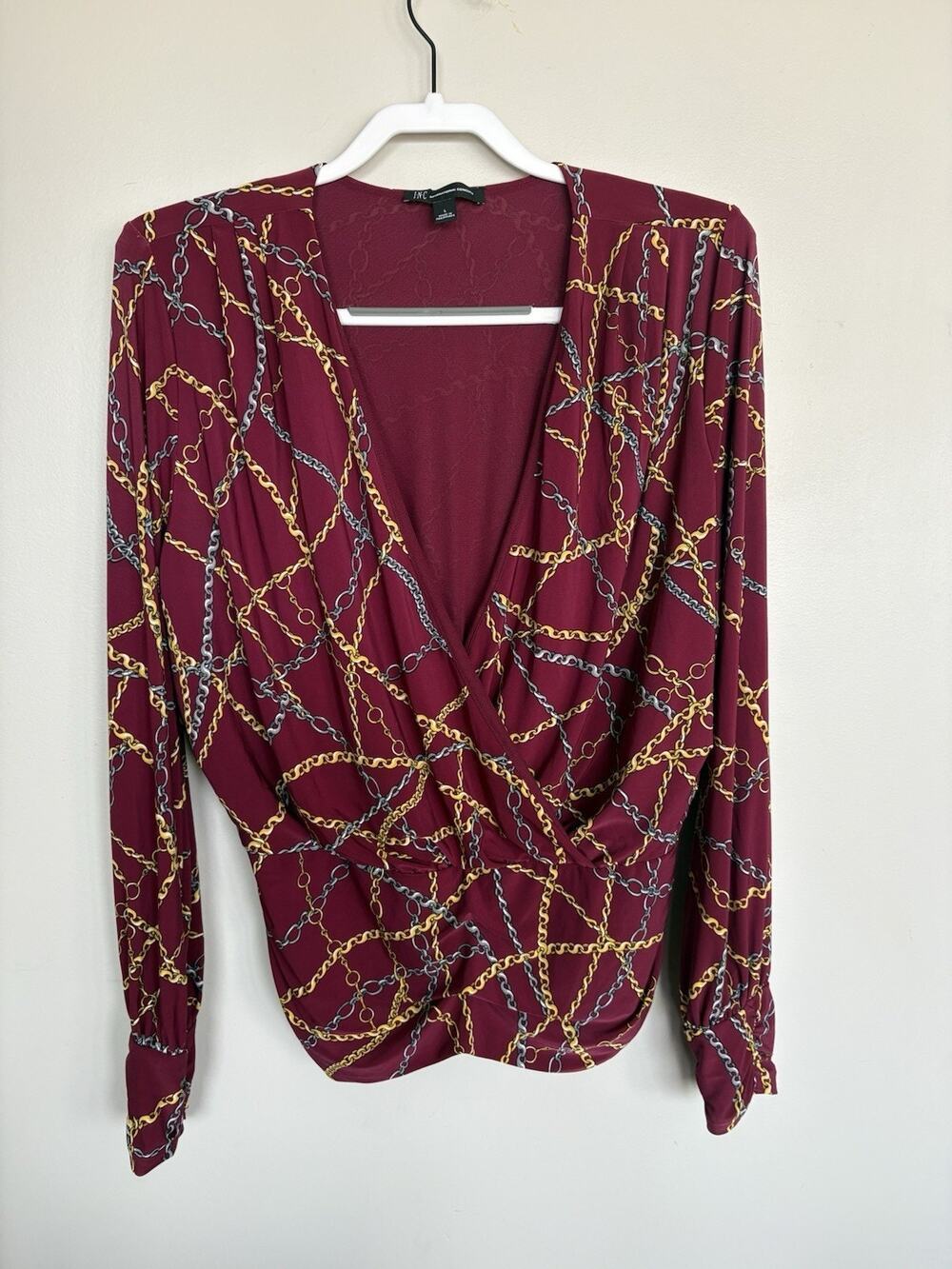 INC International Concepts Chain Print Wrap Top Women’s L Burgundy Blouse